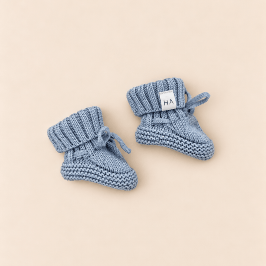 Blue Organic Cotton Knit Baby Booties - Harp Angel Boutique