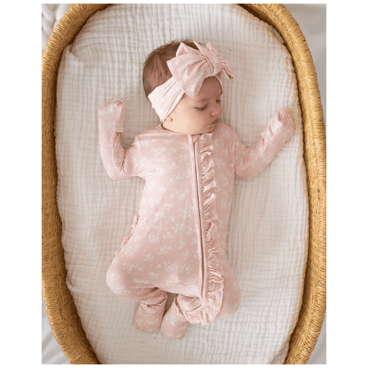 Blush Blossoms Baby Pajamas | Ruffle Zipper Romper - Harp Angel Boutique