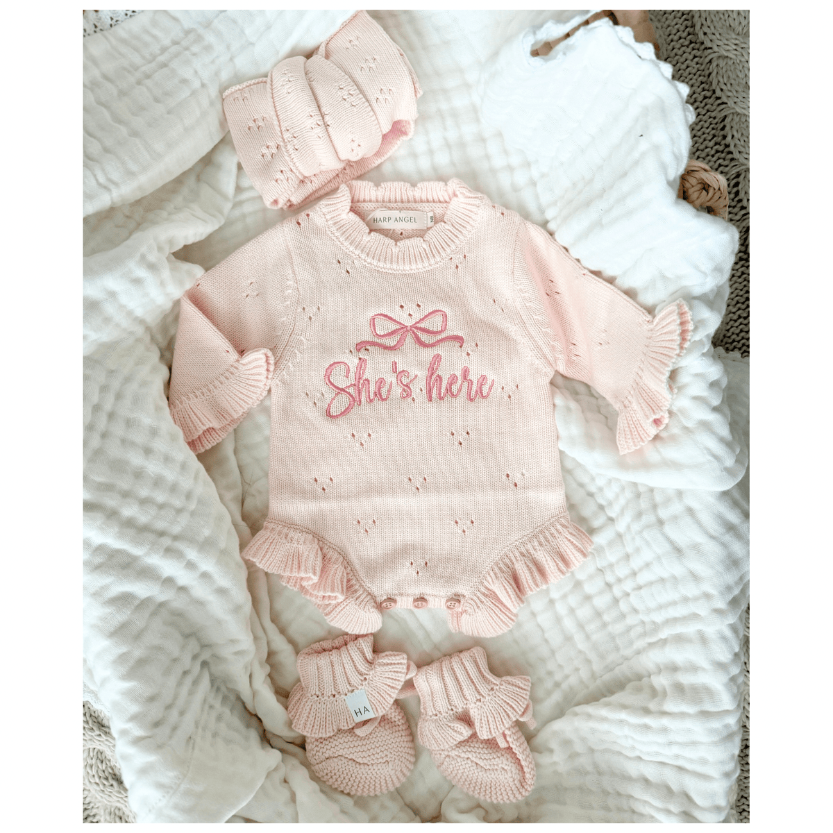 Blush Pink Organic Cotton Knit Ruffle Romper | She’s Here Bundle - Harp Angel Boutique