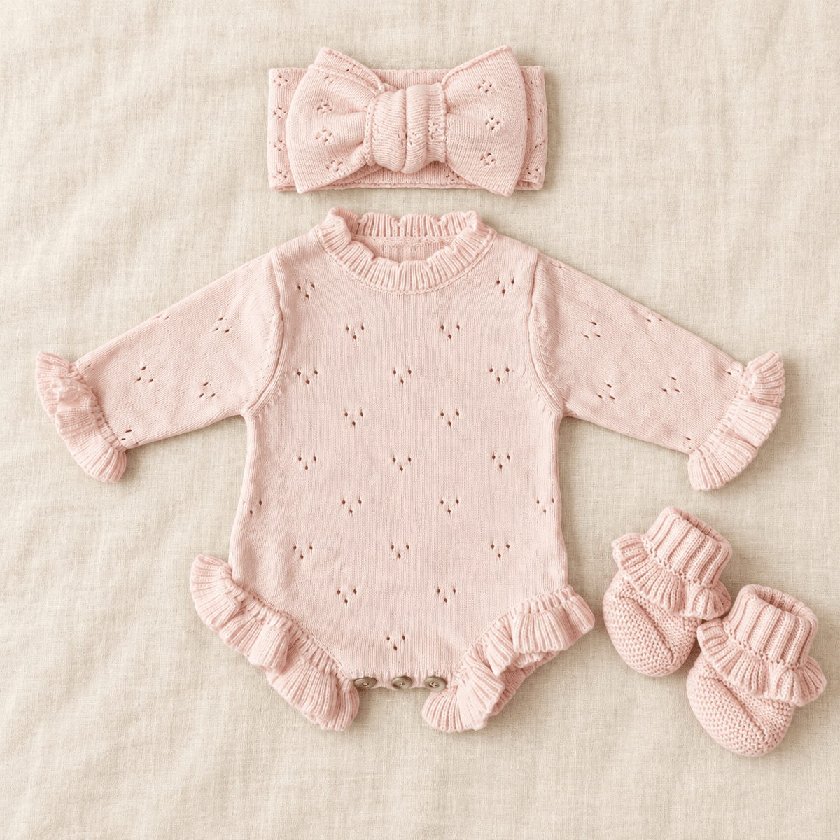 Blush Pink Organic Cotton Pointelle Bow Baby Headband - Harp Angel Boutique