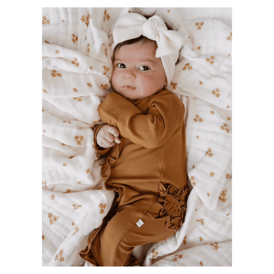 Caramel Ribbed Baby Pajamas | Ruffle Zipper Romper - Harp Angel Boutique