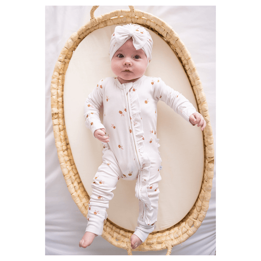 Fleur Ribbed bamboo baby pajamas with ruffle zipper romper for baby girl