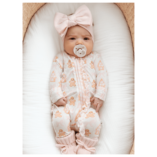 Gingerbread Dreams Baby Pajamas | Ruffle Zipper Romper - Harp Angel Boutique