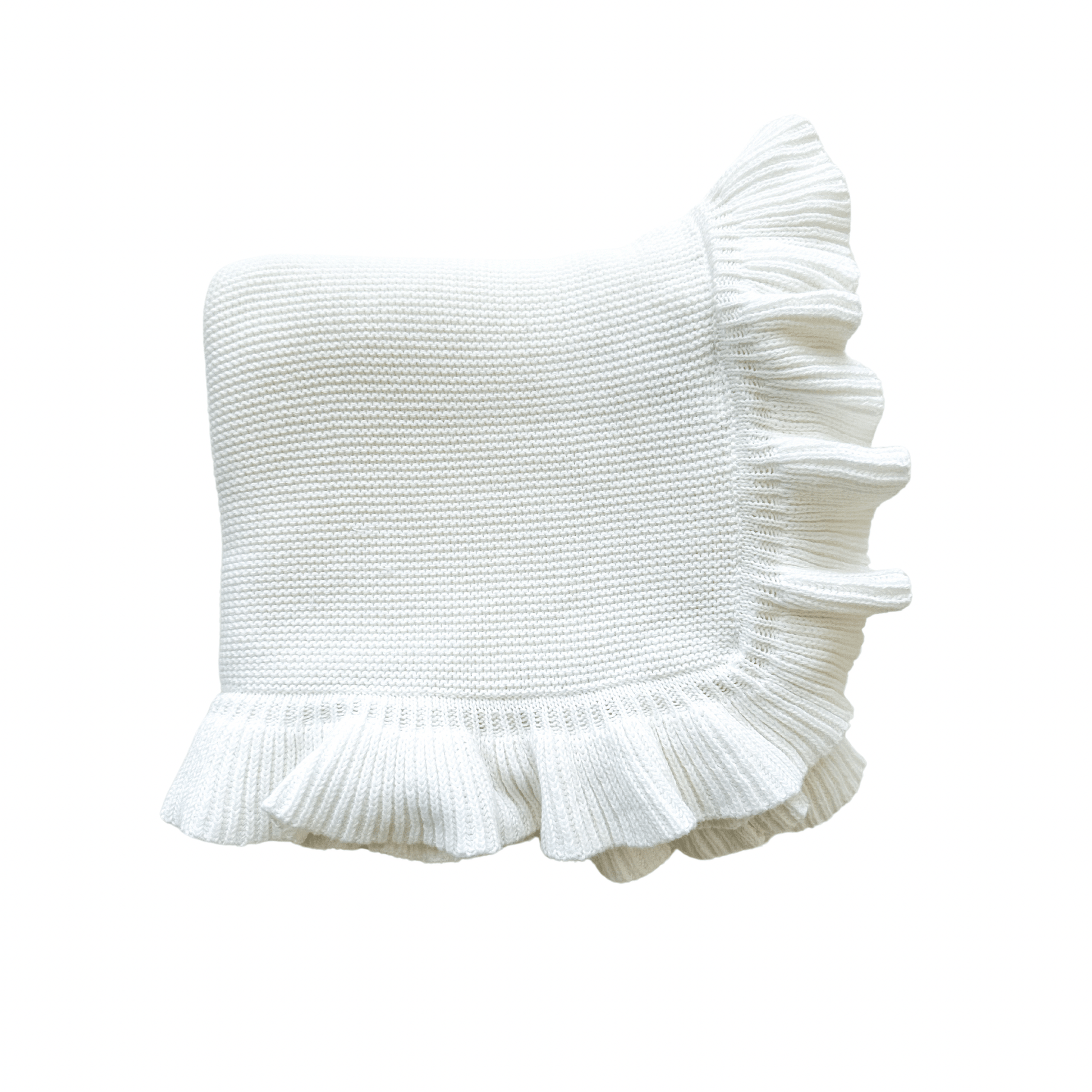 Knitted Baby Blanket - White Ruffle - Harp Angel Boutique