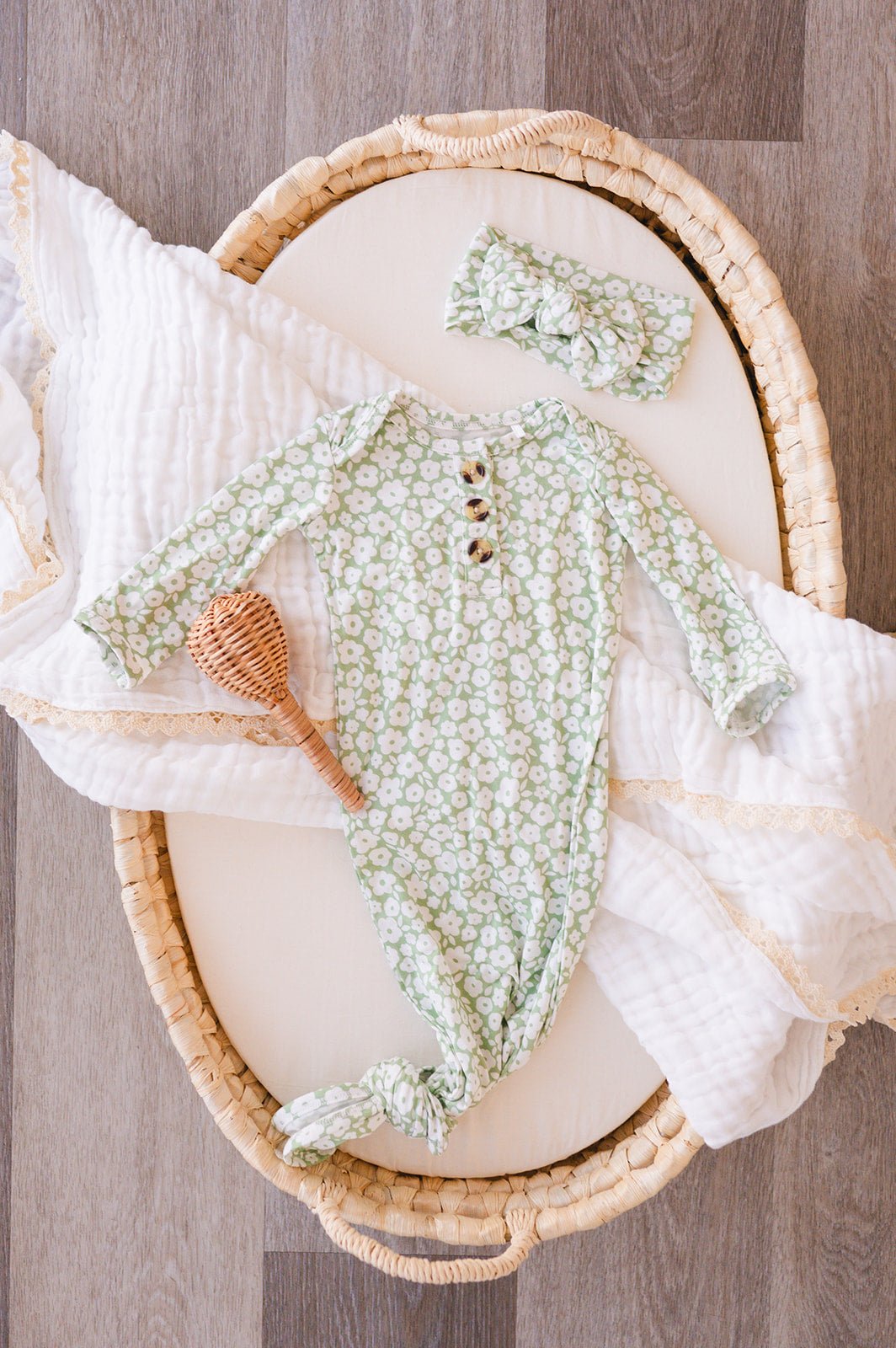 Knotted Baby Gown - Sage Ditsy Floral - Harp Angel Boutique