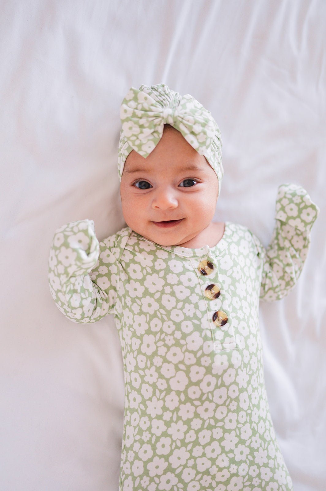 Knotted Baby Gown - Sage Ditsy Floral - Harp Angel Boutique