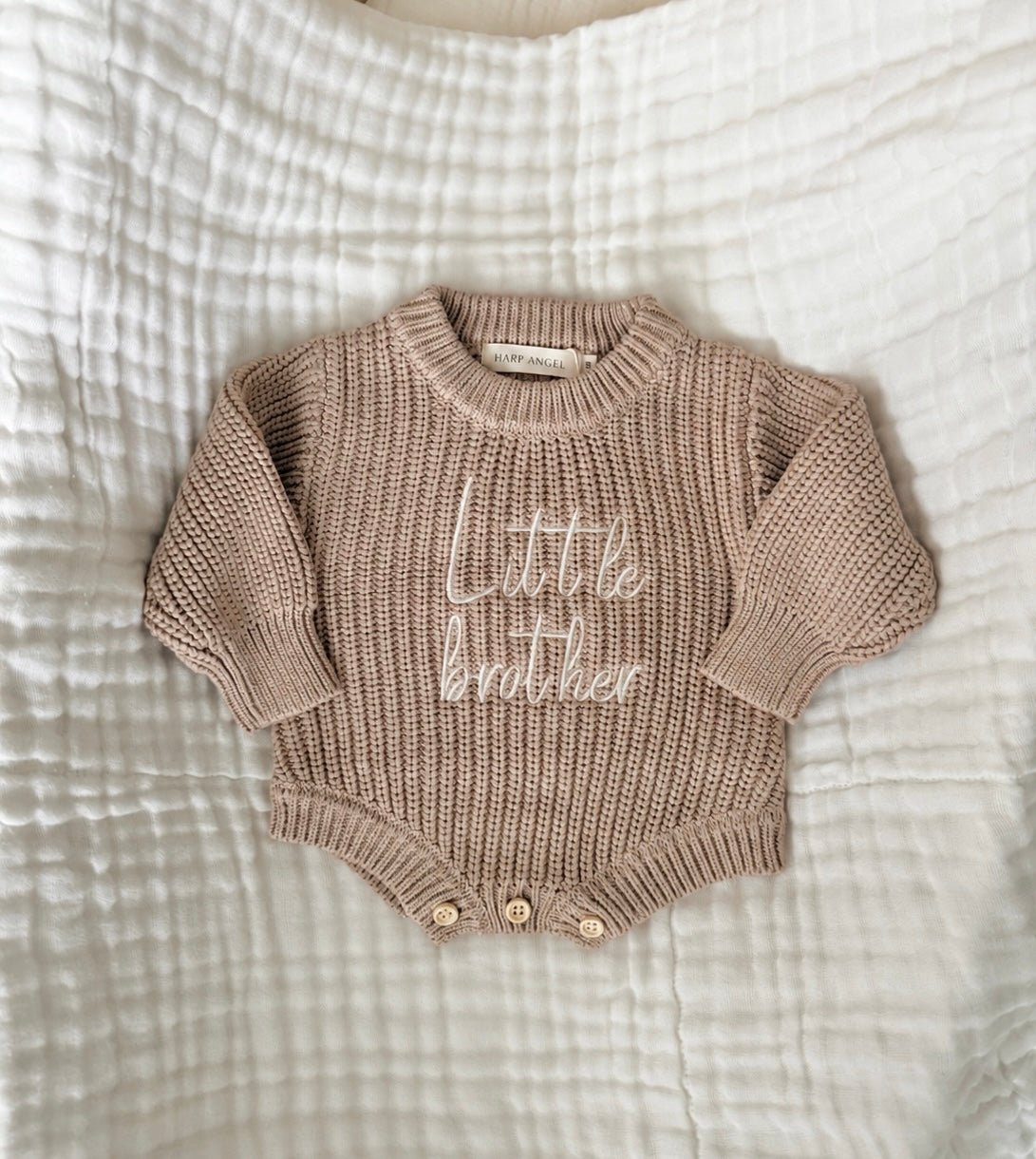 Little Brother Organic Cotton Knit Romper | Personalized Baby Boy Outfit - Harp Angel Boutique