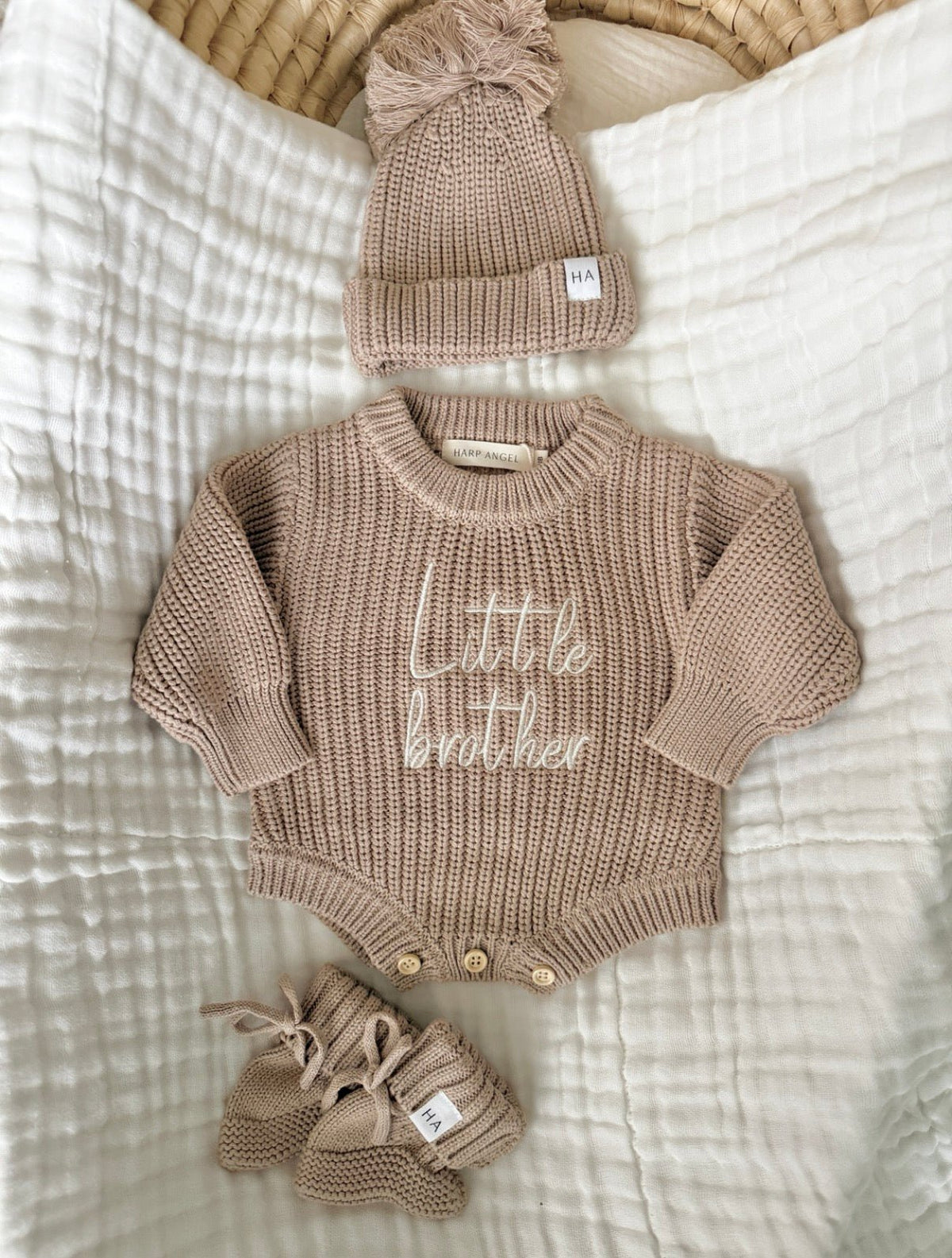 Little Brother Organic Cotton Knit Romper | Personalized Baby Boy Outfit - Harp Angel Boutique