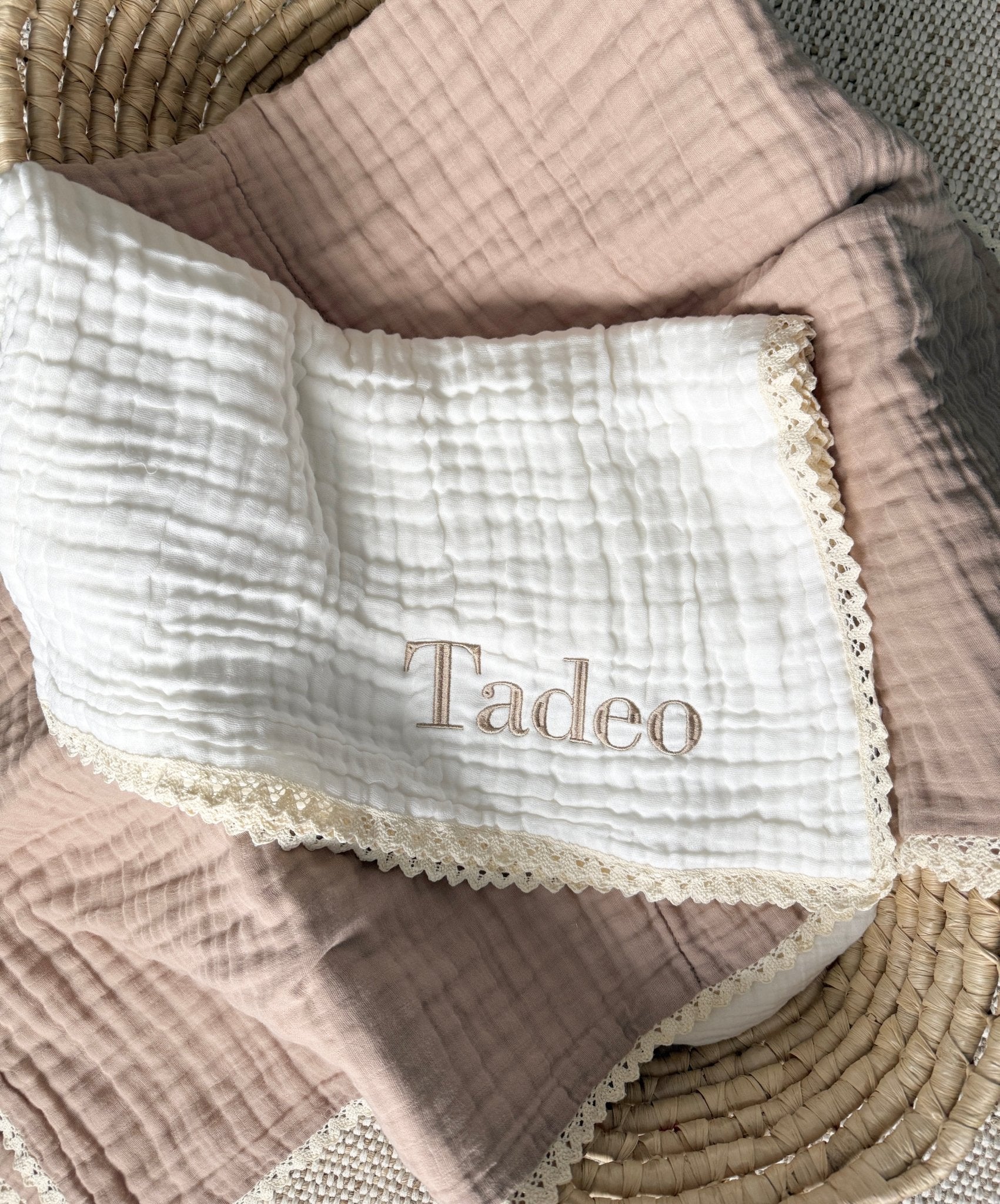 Muslin 6 - Layer Blanket - Cream Lace - Harp Angel Boutique