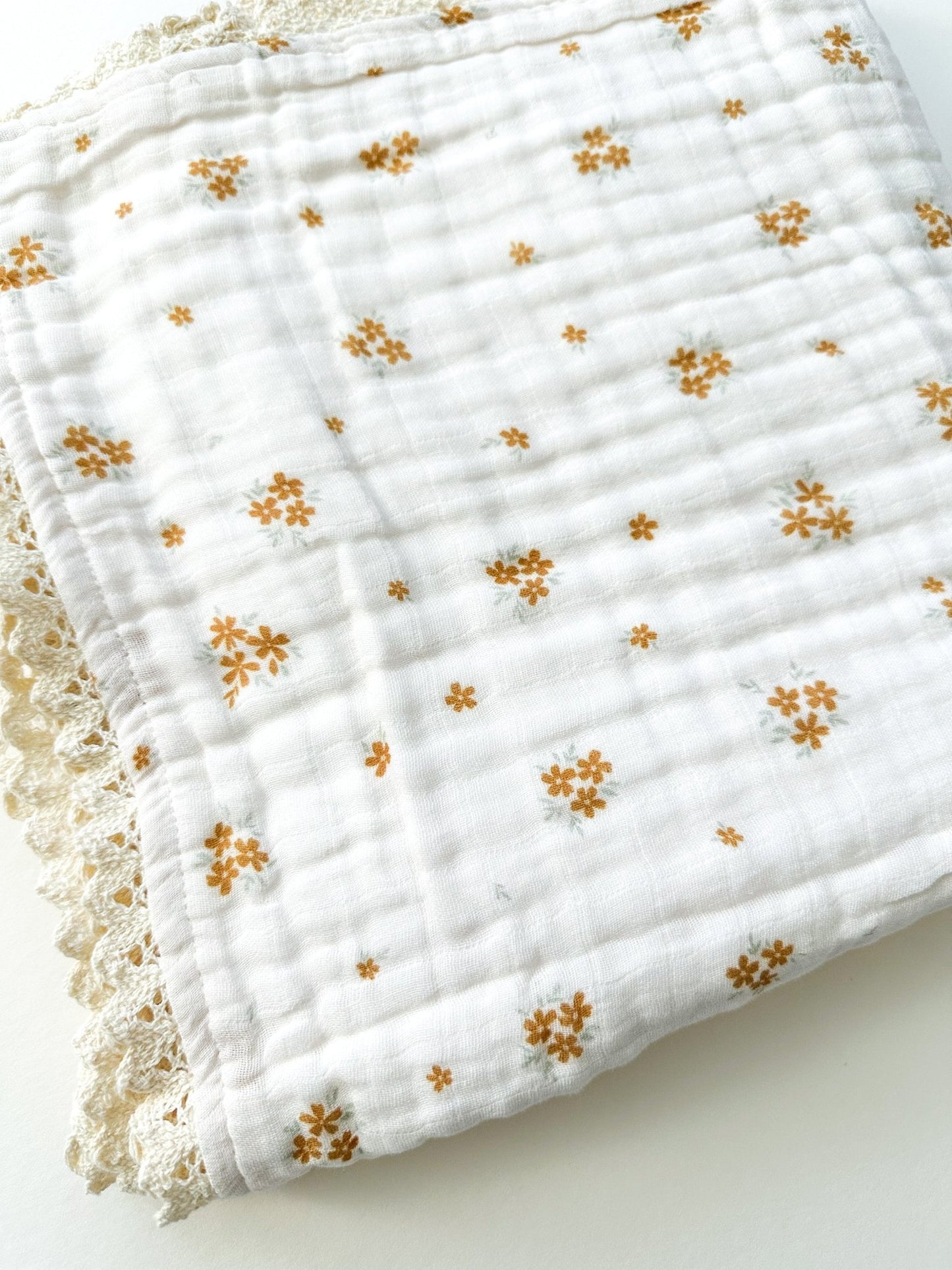 Muslin 6 - Layer Blanket - Ochre Bloom Lace - Harp Angel Boutique