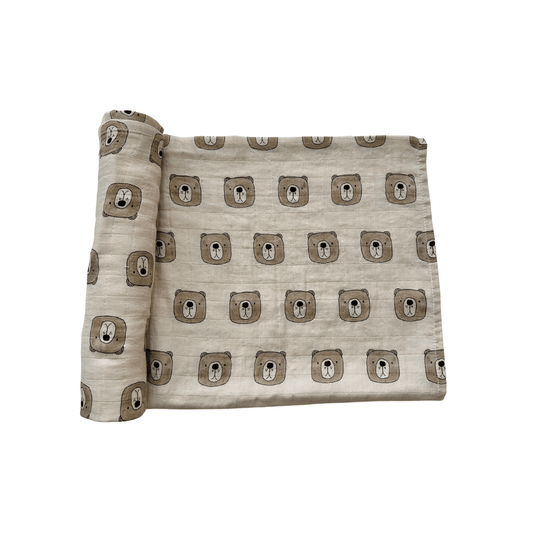 Muslin Swaddle Blanket - Brown Bear - Harp Angel Boutique