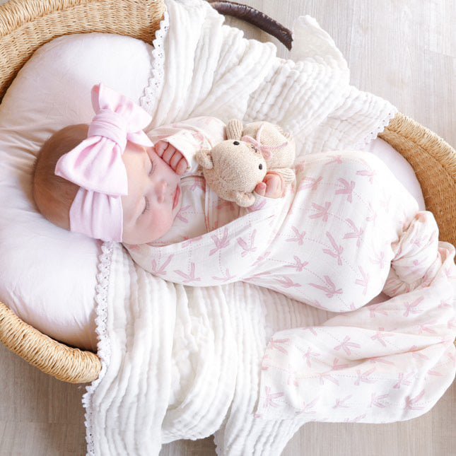 Muslin Swaddle Blanket - Pink Bows - Harp Angel Boutique