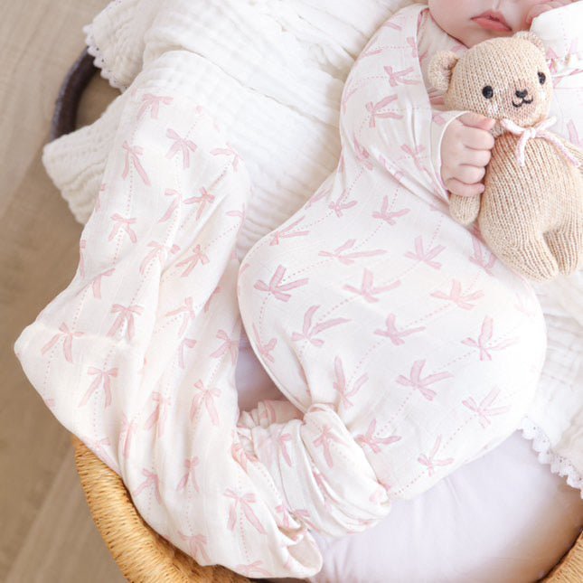 Muslin Swaddle Blanket - Pink Bows - Harp Angel Boutique