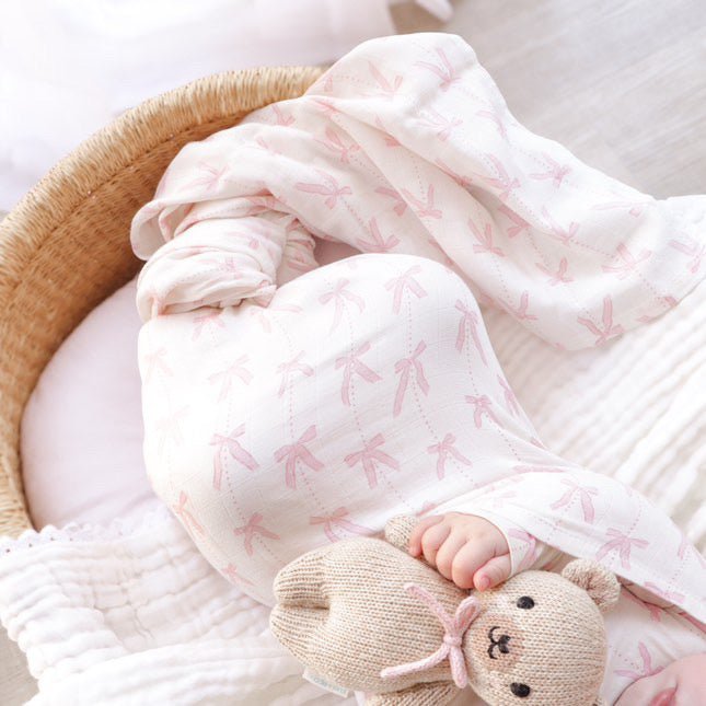 Muslin Swaddle Blanket - Pink Bows - Harp Angel Boutique