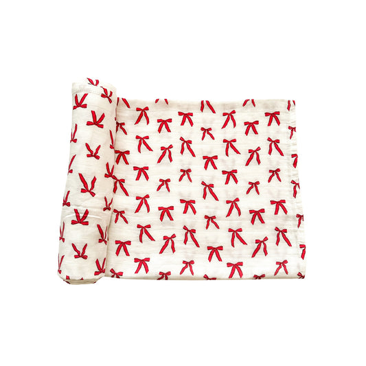 Muslin Swaddle Blanket - Red Bows - Harp Angel Boutique