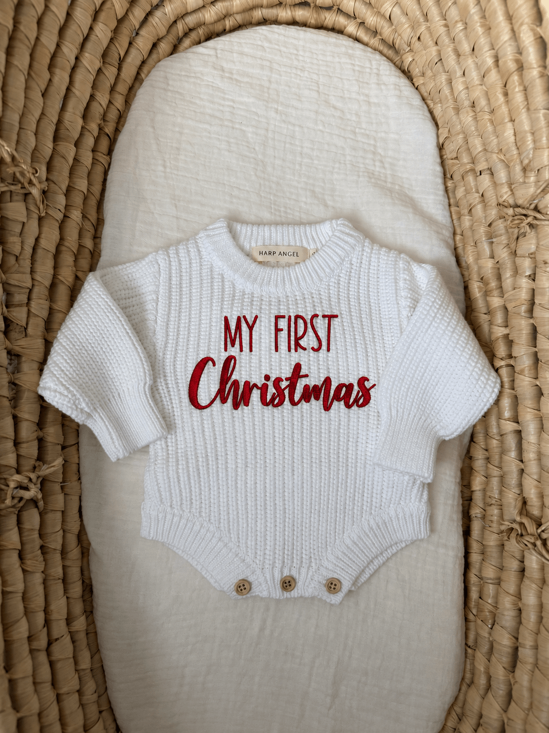 My First Christmas Organic Knit Bodysuit | Baby’s First Christmas - Harp Angel Boutique