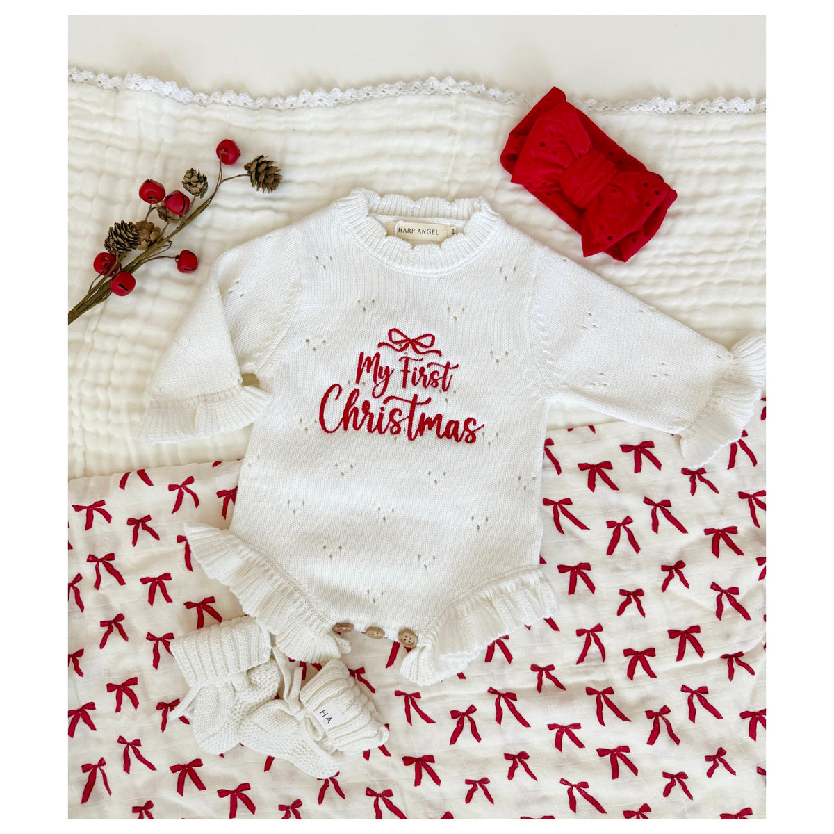 My First Christmas Organic Pointelle Ruffle Bodysuit - Harp Angel Boutique