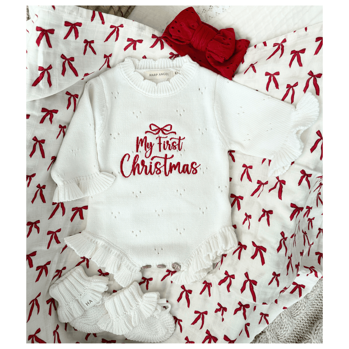 My First Christmas Organic Pointelle Ruffle Bodysuit | PRE-ORDER - Harp Angel Boutique