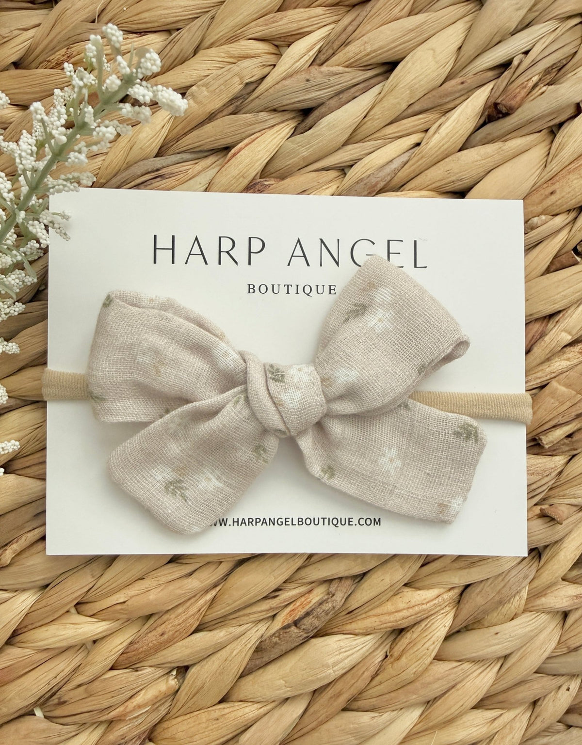 Oatmeal Floral One size Bow Headband | Clip - Harp Angel Boutique