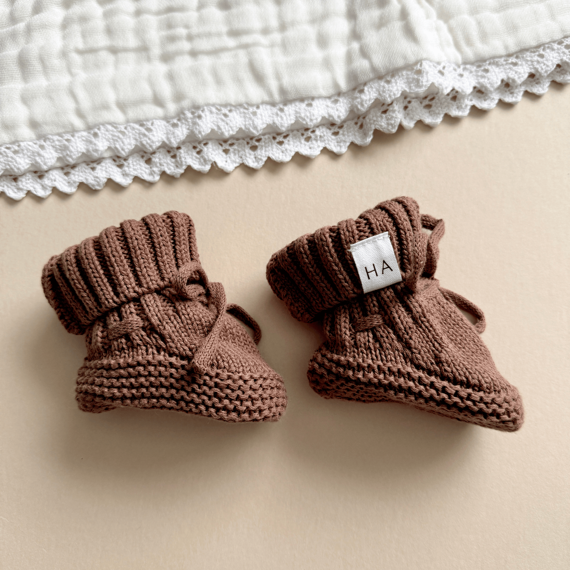 Organic Cotton Knit Baby Booties – Brown - Harp Angel Boutique
