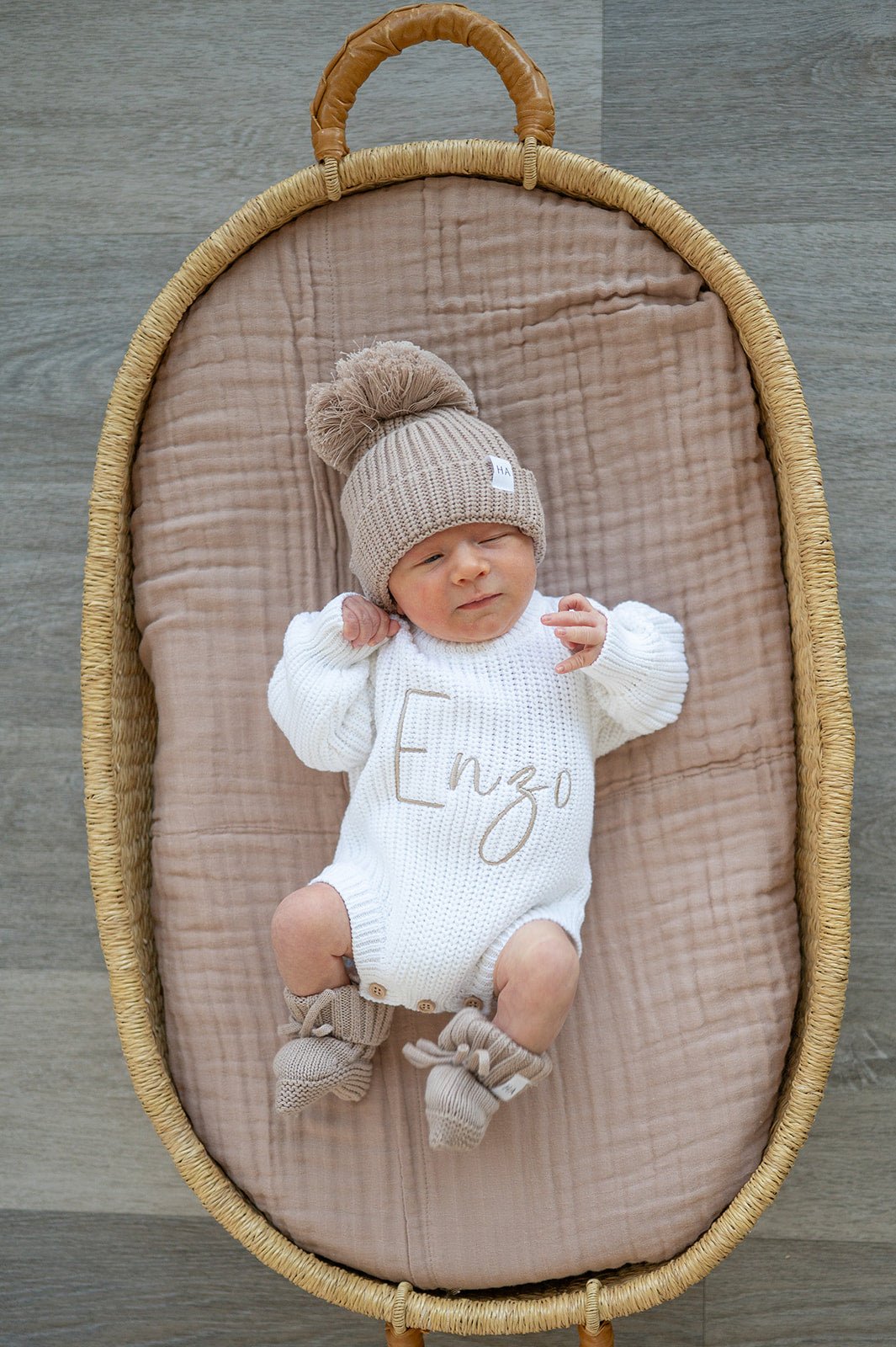 Taupe Organic Cotton Knit Baby Booties - Harp Angel Boutique