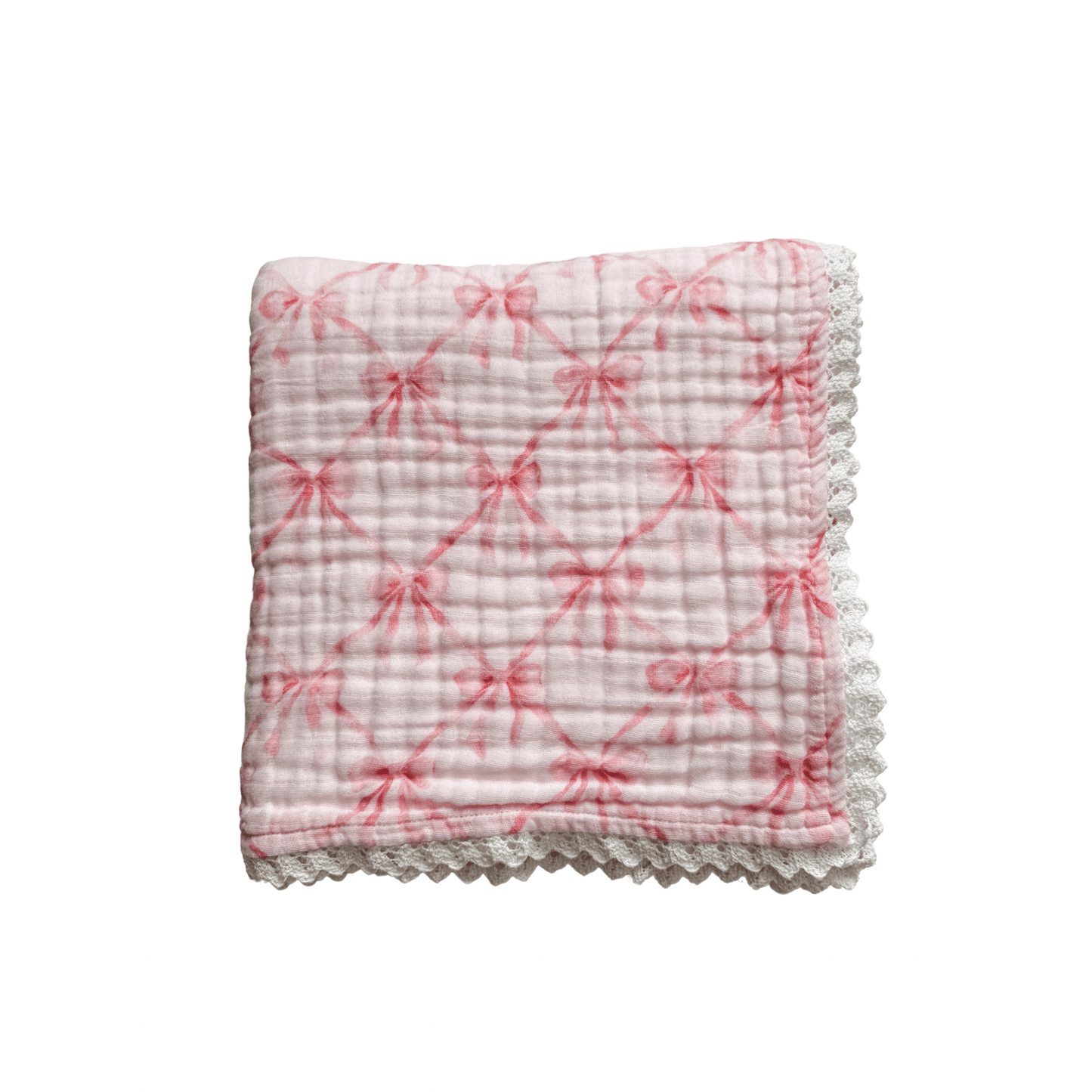 Organic Muslin 6 - Layer Blanket - Pink Ribbon Bow - Harp Angel Boutique