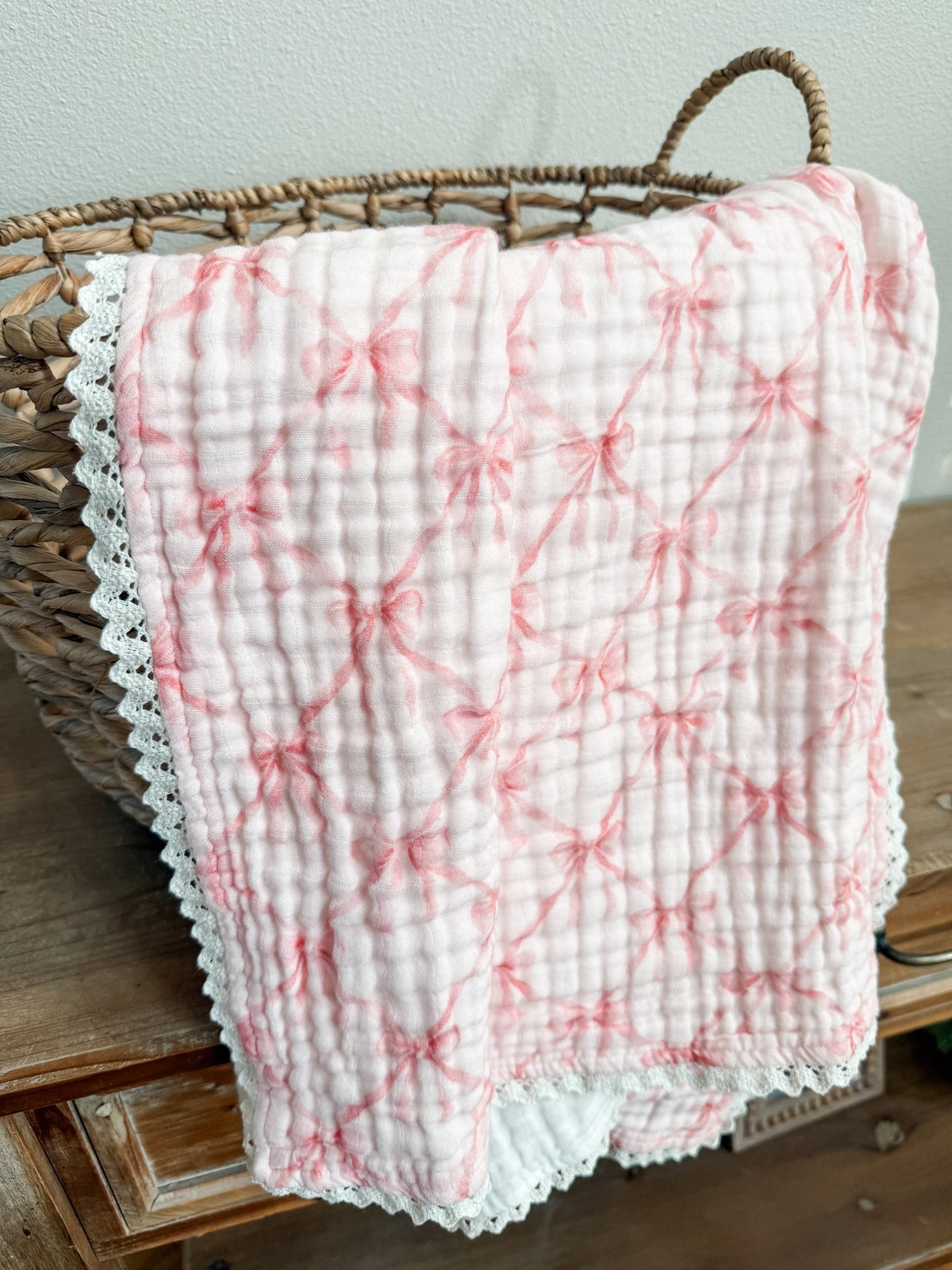 Organic Muslin 6 - Layer Blanket - Pink Ribbon Bow - Harp Angel Boutique