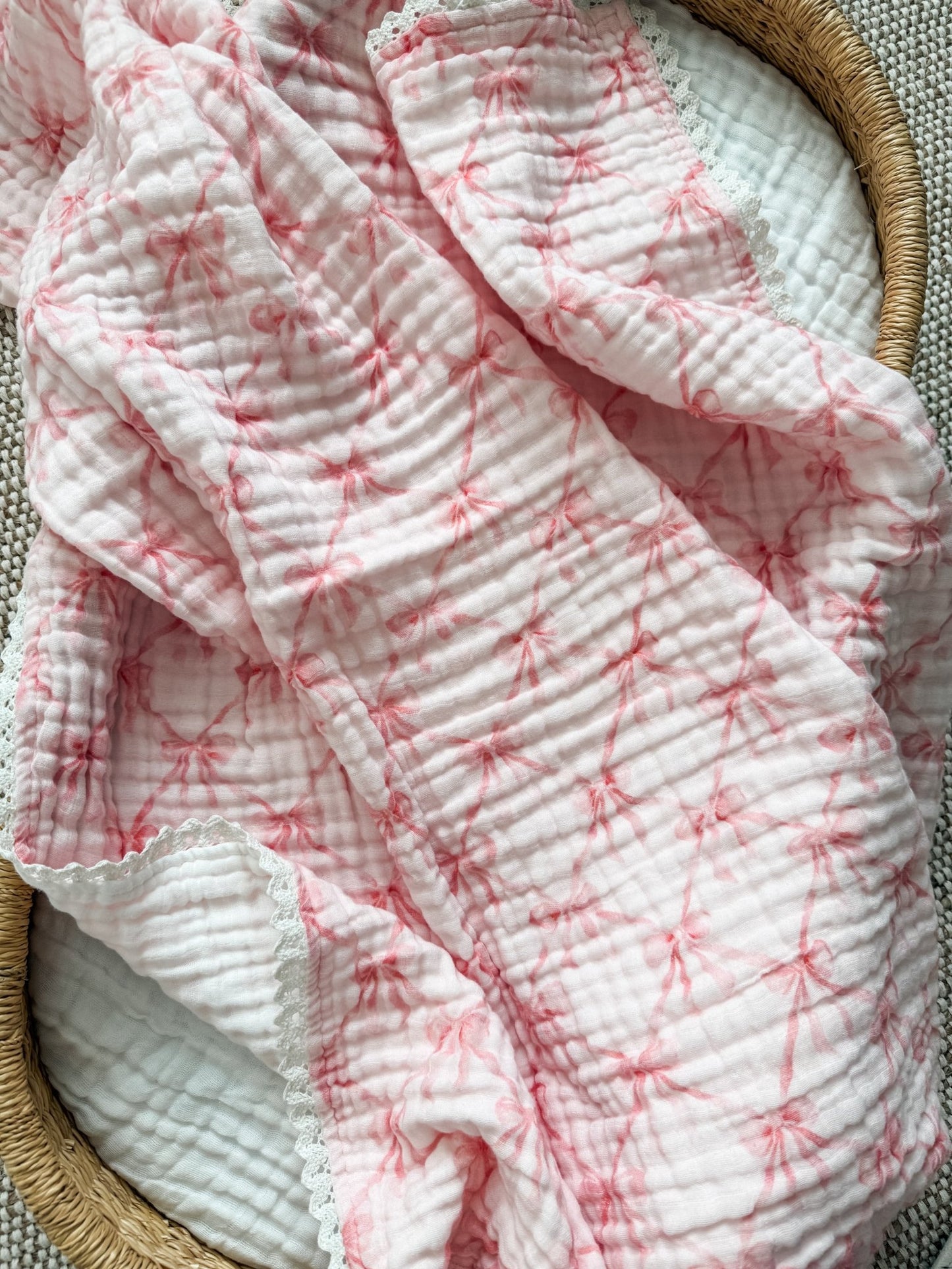 Organic Muslin 6 - Layer Blanket - Pink Ribbon Bow - Harp Angel Boutique