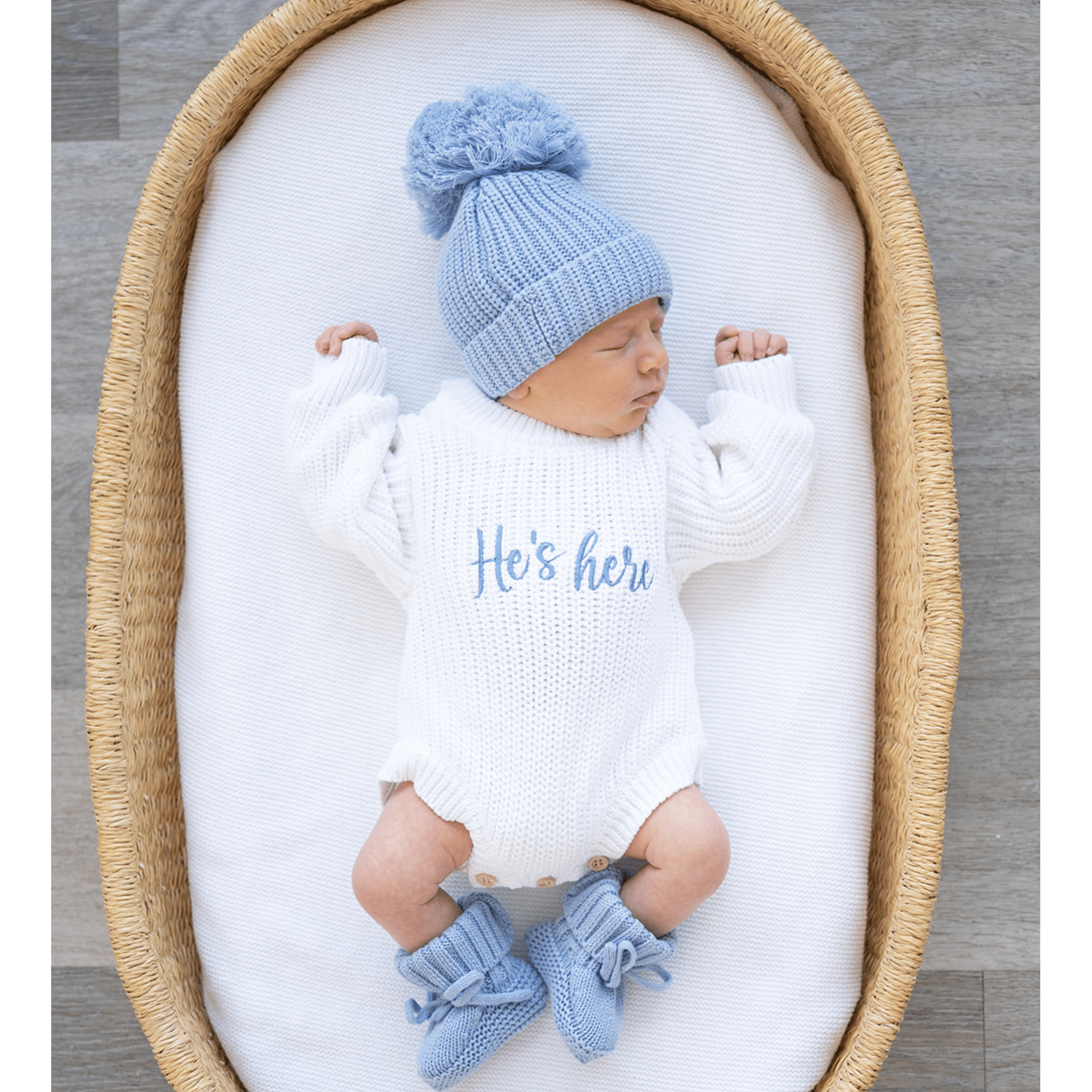 He's Here Baby Boy Announcement Outfit Bundle - Harp Angel Boutique