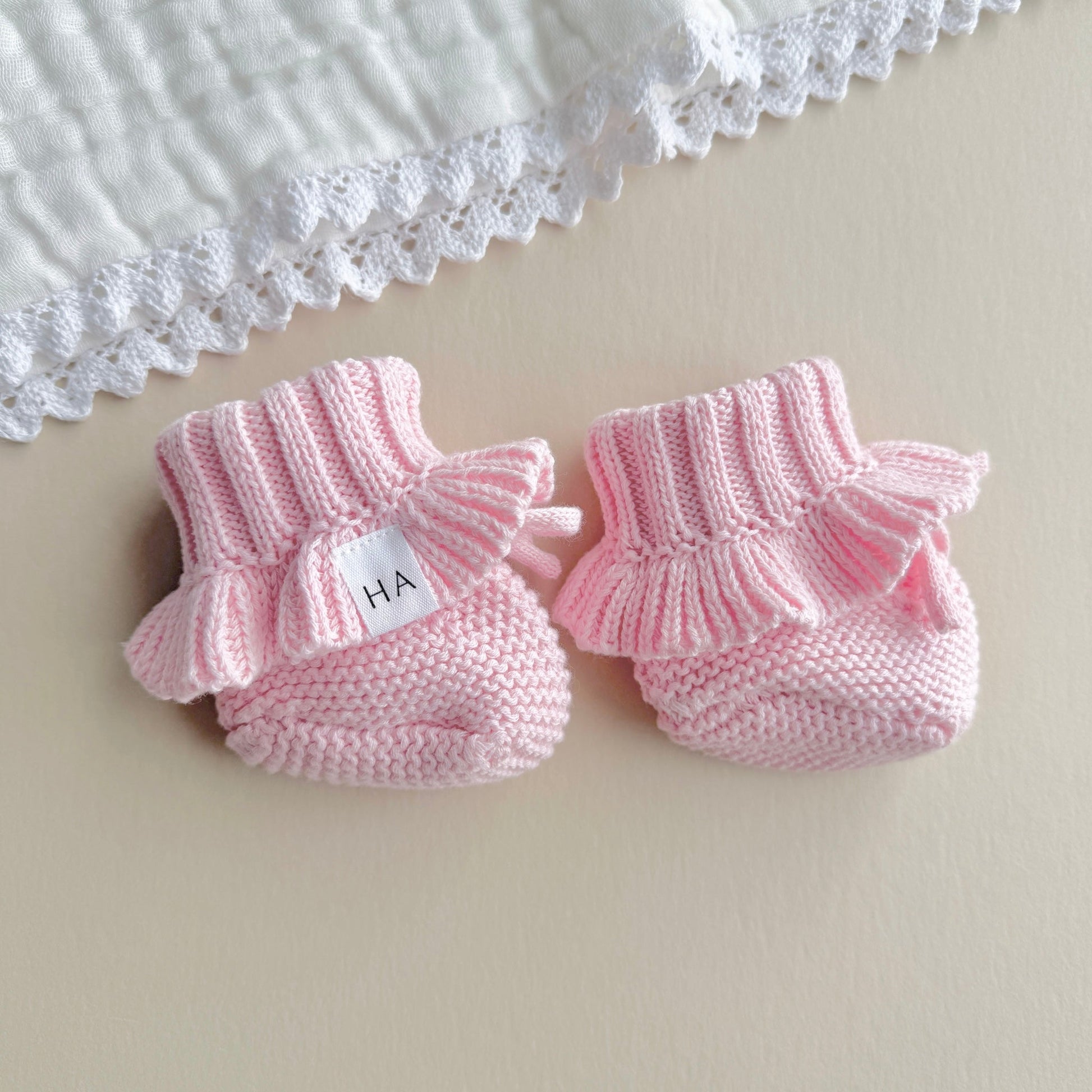 Petal Pink Organic Cotton Knit Newborn Baby Ruffle Booties - Harp Angel Boutique