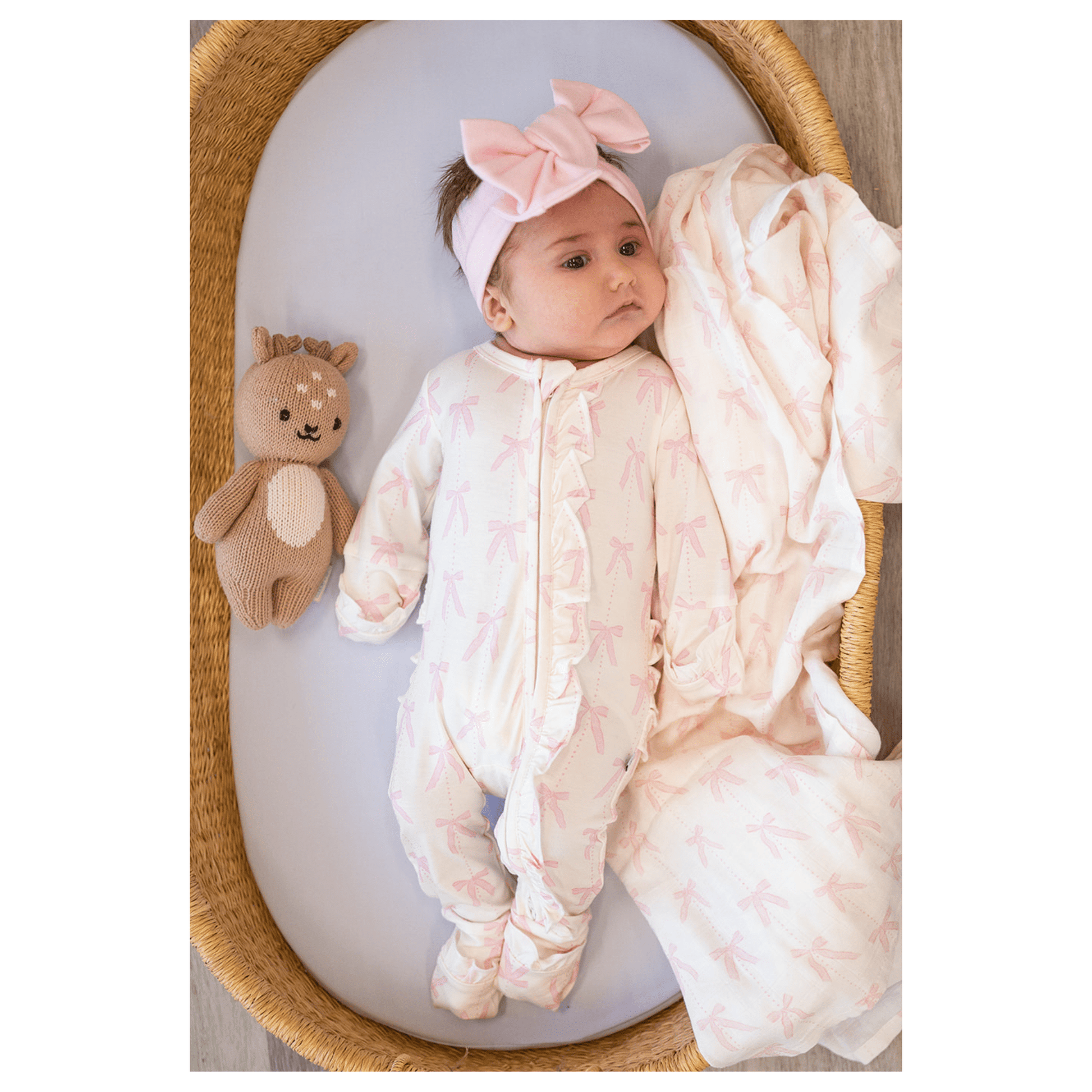 Pink Bows Bamboo Baby Pajamas | Ruffle Zipper Romper - Harp Angel Boutique