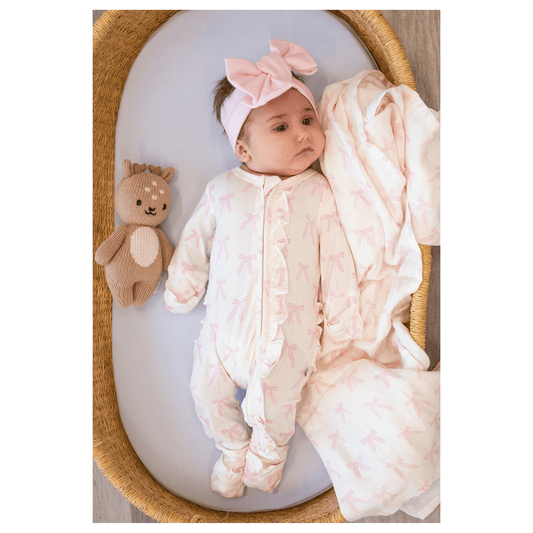 Pink Bows Bamboo Baby Pajamas | Ruffle Zipper Romper - Harp Angel Boutique