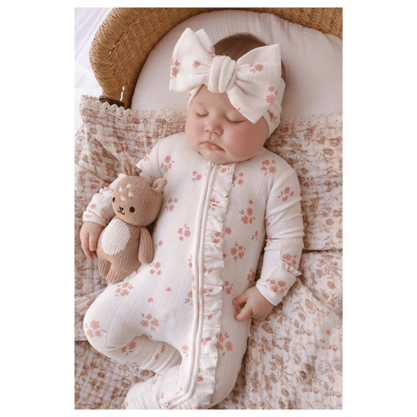 Pink Floral Pointelle Baby Outfit | Bamboo Organic Cotton Ruffle Romper - Harp Angel Boutique