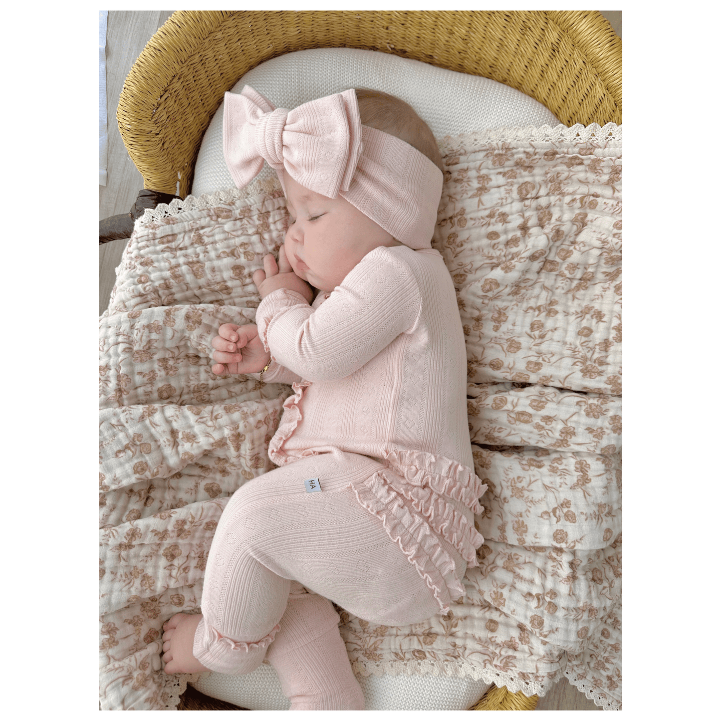 Pink Pointelle Baby Outfit | Organic Cotton Ruffle Romper - Harp Angel Boutique