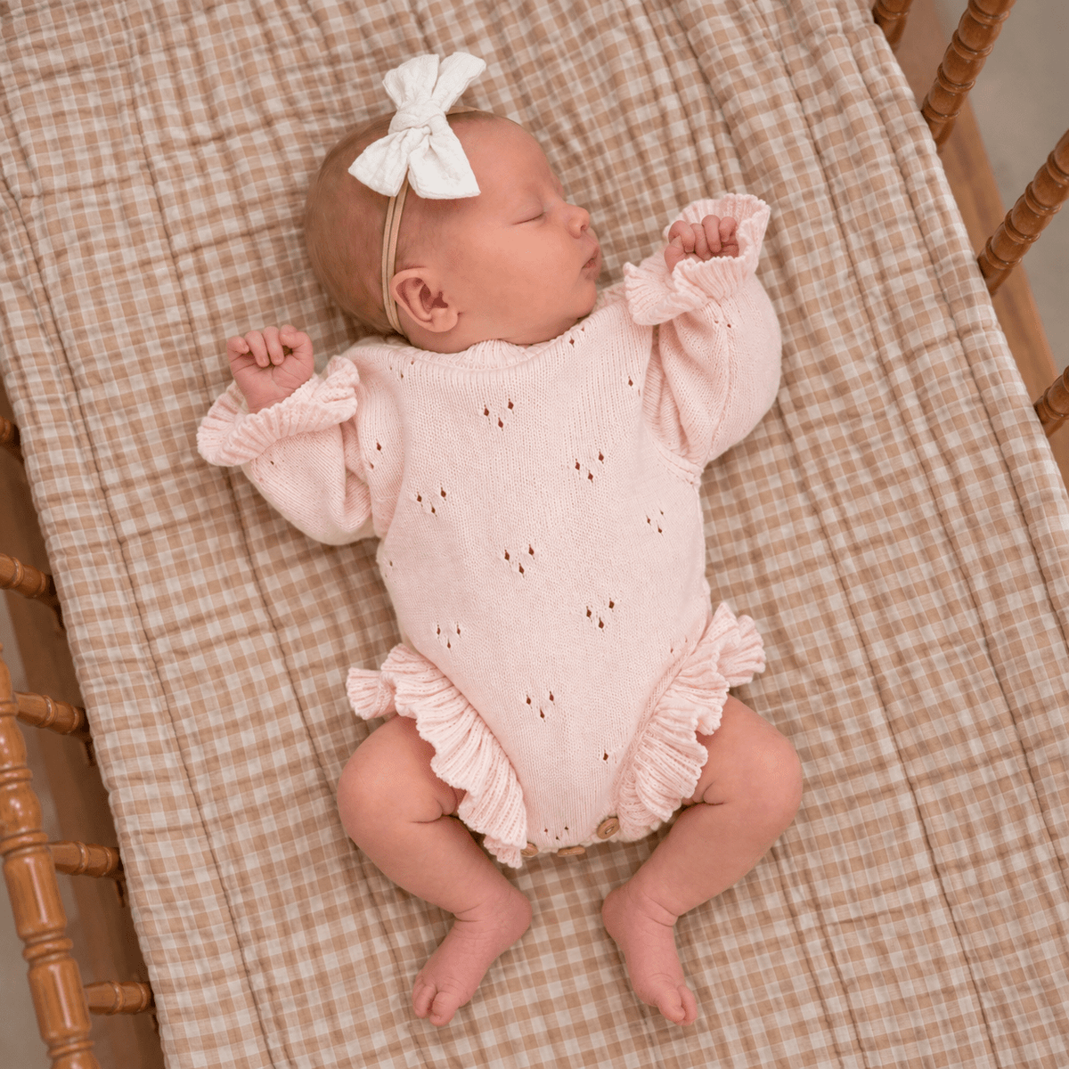 Pointelle Soft Blush Pink Organic Knit Ruffle Romper - Harp Angel Boutique