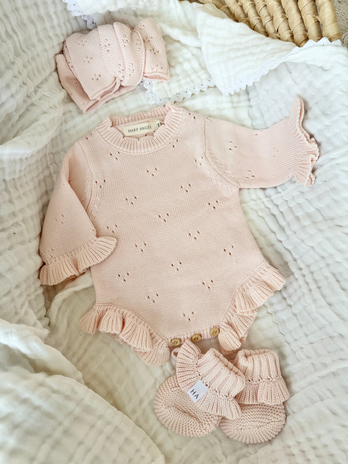 Pointelle Soft Blush Pink Ruffle Romper | Personalized Bundle - Harp Angel Boutique