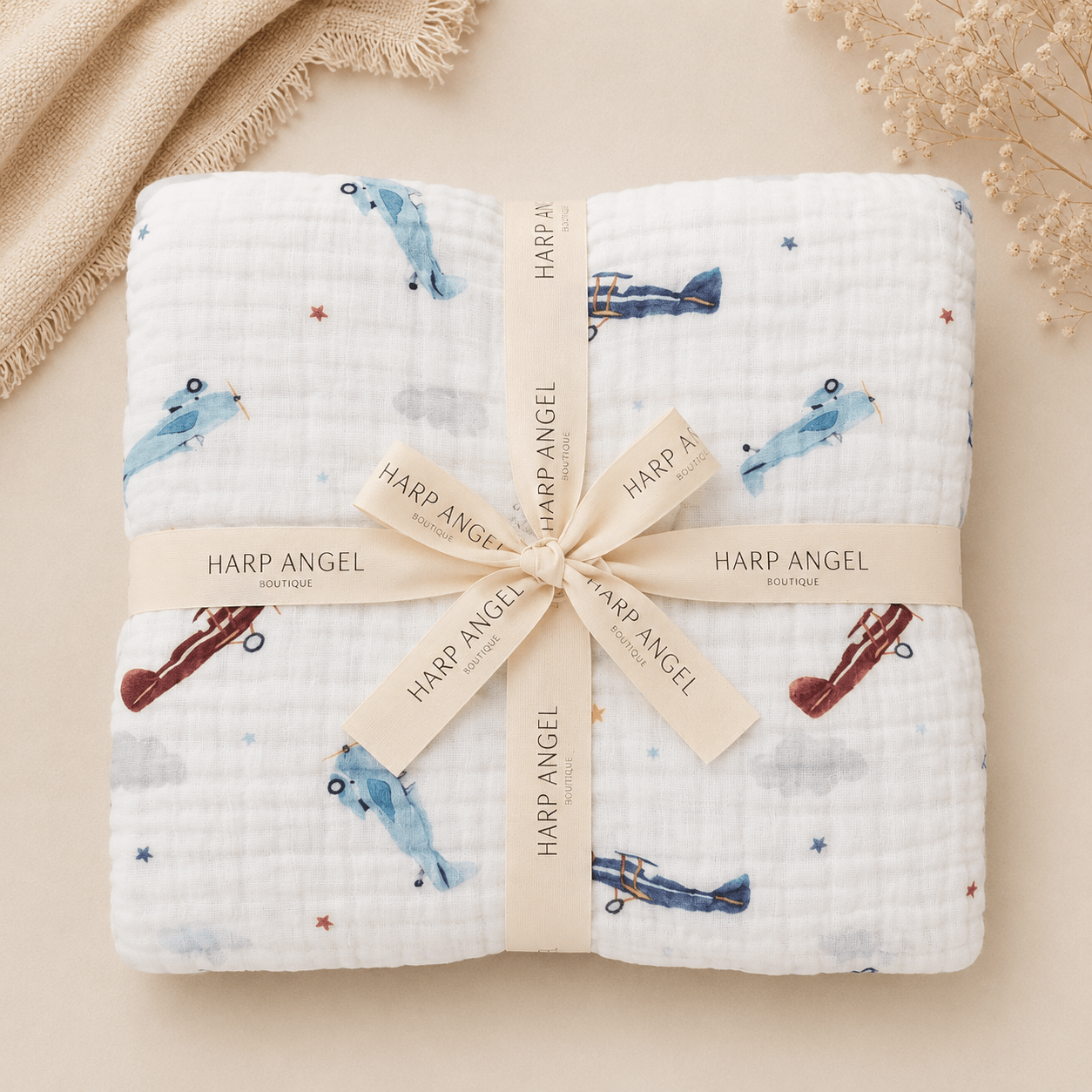 PRE - ORDER** Vintage Airplane Organic Muslin Cotton 6 - Layer Baby Blanket - Harp Angel Boutique