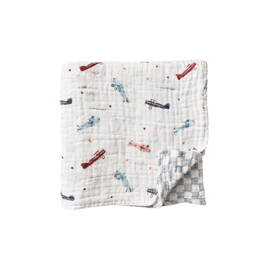 PRE - ORDER** Vintage Airplane Organic Muslin Cotton 6 - Layer Baby Blanket - Harp Angel Boutique
