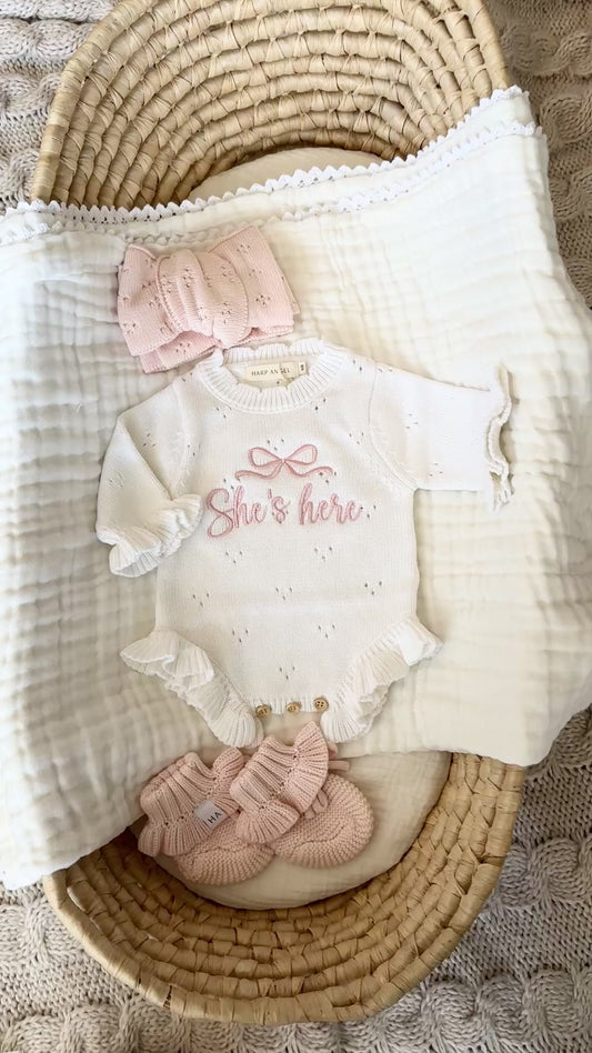 White Personalized Pointelle Ruffle Romper | Blush Pink She’s Here