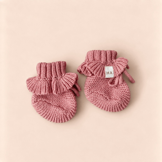 Rose Pink Organic Cotton Knit Newborn Baby Ruffle Booties - Harp Angel Boutique