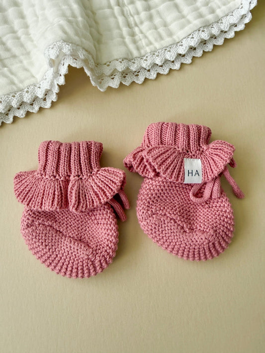 Rose Pink Organic Cotton Knit Newborn Baby Ruffle Booties - Harp Angel Boutique