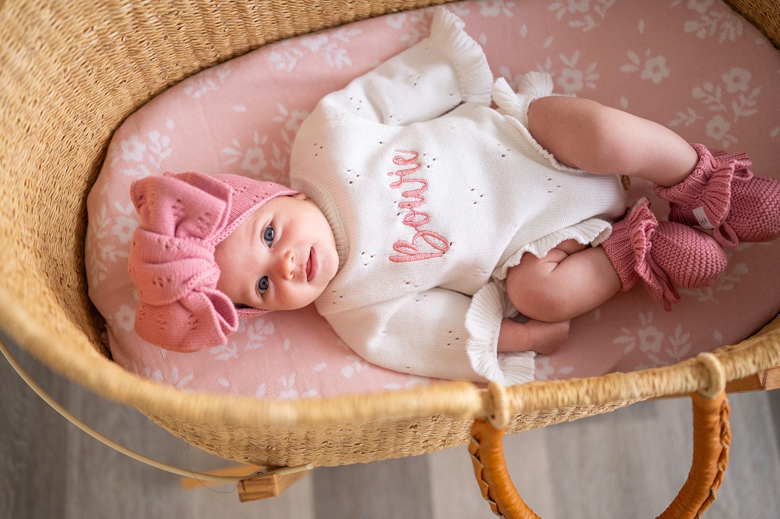 Rose Pink Organic Cotton Pointelle Bow Baby Headband - Harp Angel Boutique