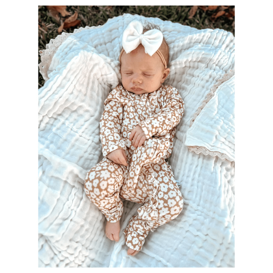 Ruffle Zipper One Piece - Mocha Ditsy Floral - Harp Angel Boutique