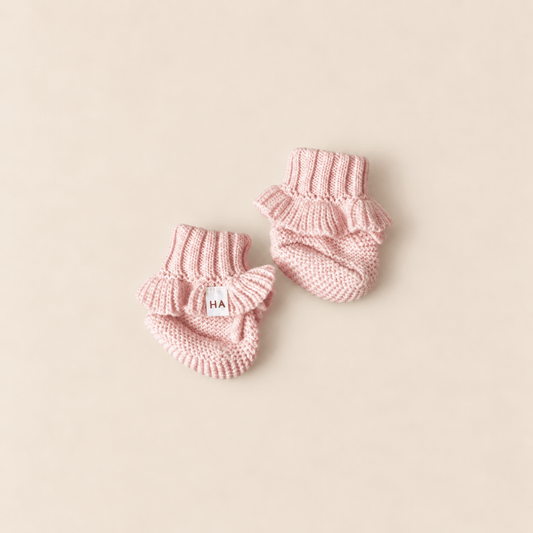 Soft Blush Pink Organic Cotton Knit Newborn Baby Ruffle Booties - Harp Angel Boutique