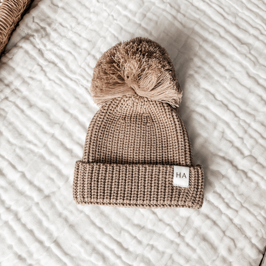 Soft Taupe Organic Cotton Knit Baby Beanie Hat - Harp Angel Boutique