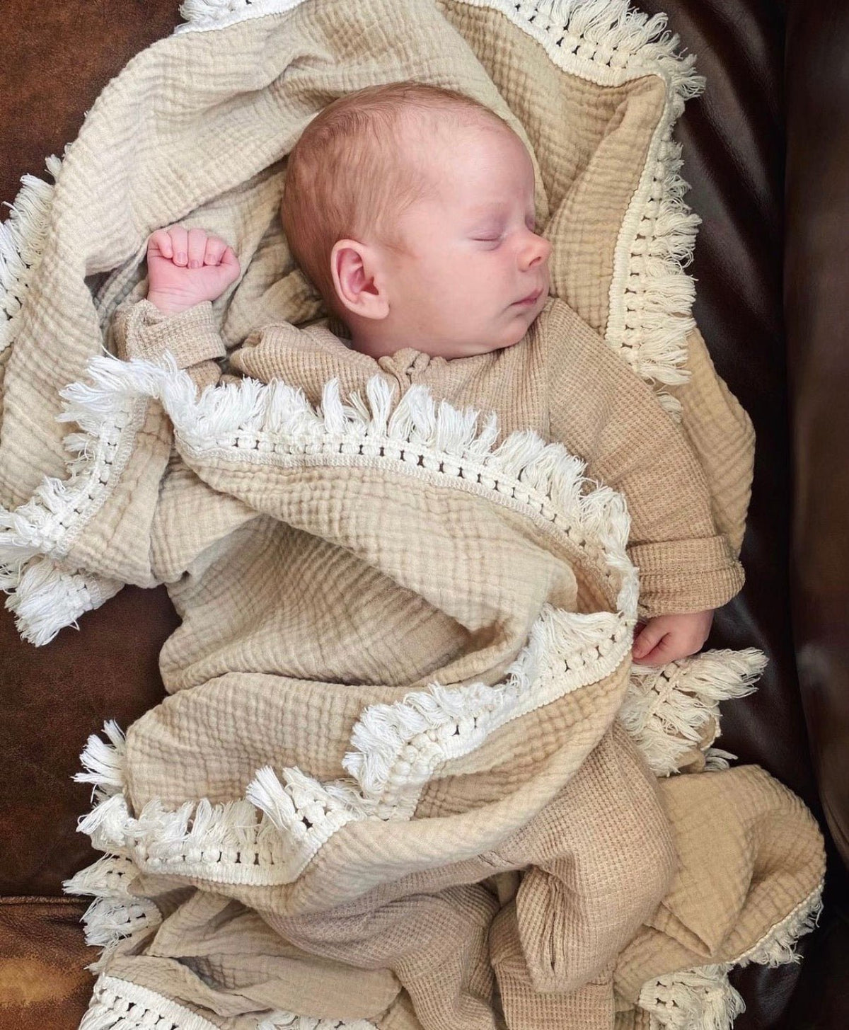 Tan Fringe Muslin Swaddle Blanket - Harp Angel Boutique