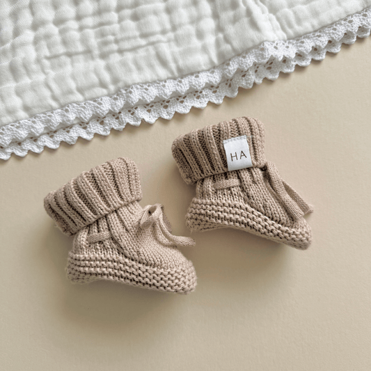 Taupe Organic Cotton Knit Baby Booties - Harp Angel Boutique