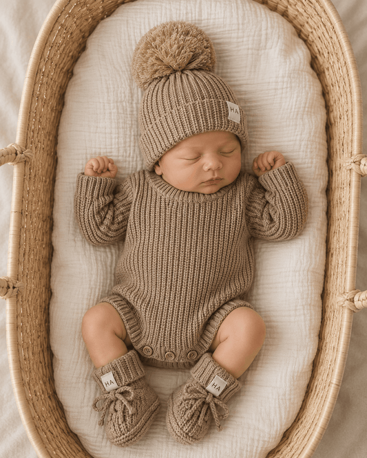 Taupe Organic Cotton Knit Romper | Personalized - Harp Angel Boutique