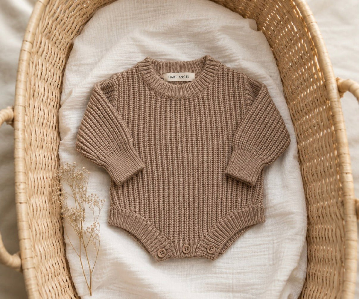 Taupe Organic Cotton Knit Romper | Personalized - Harp Angel Boutique