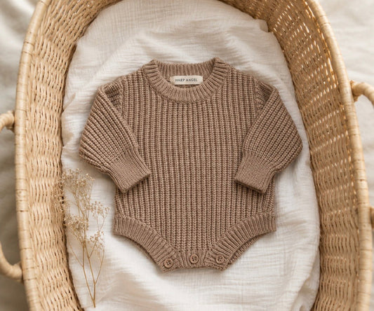Taupe Organic Cotton Knit Romper | Personalized - Harp Angel Boutique